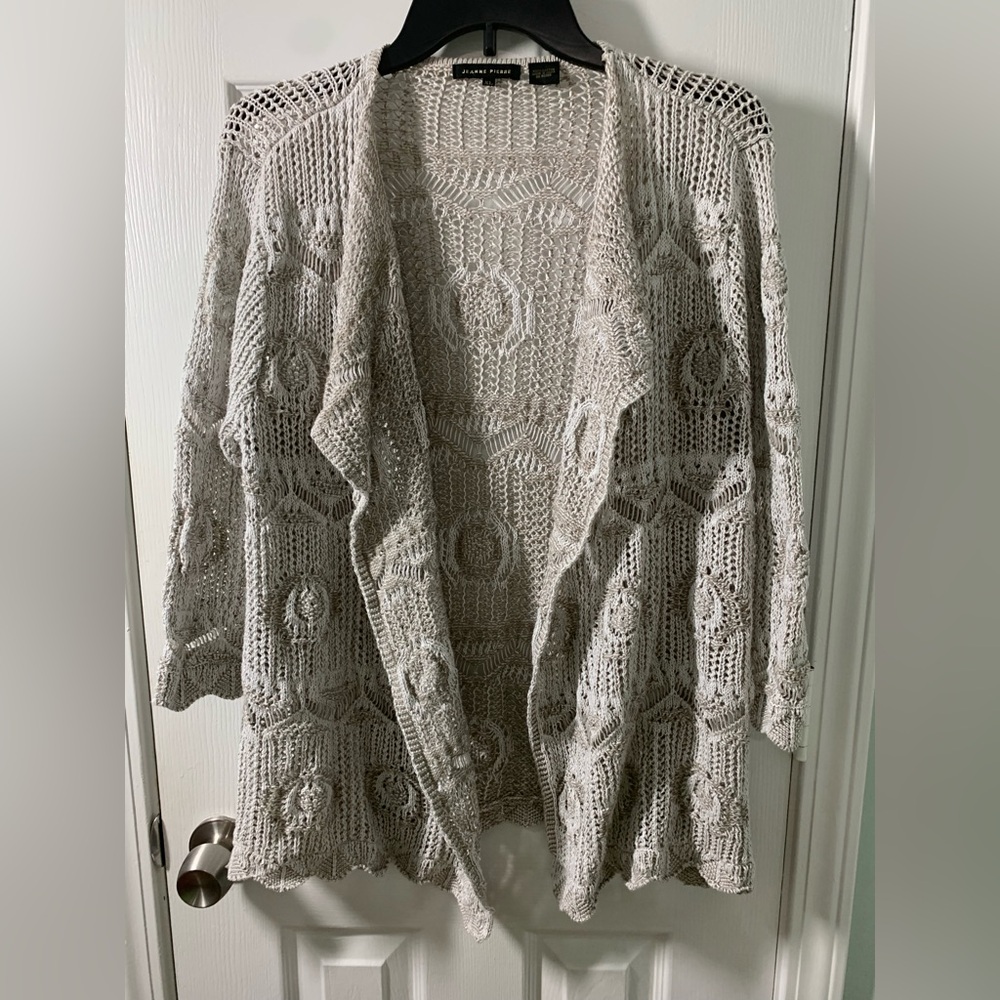 JEANNE PIERRE Open-Front Crochet Knit Cardigan - Cream